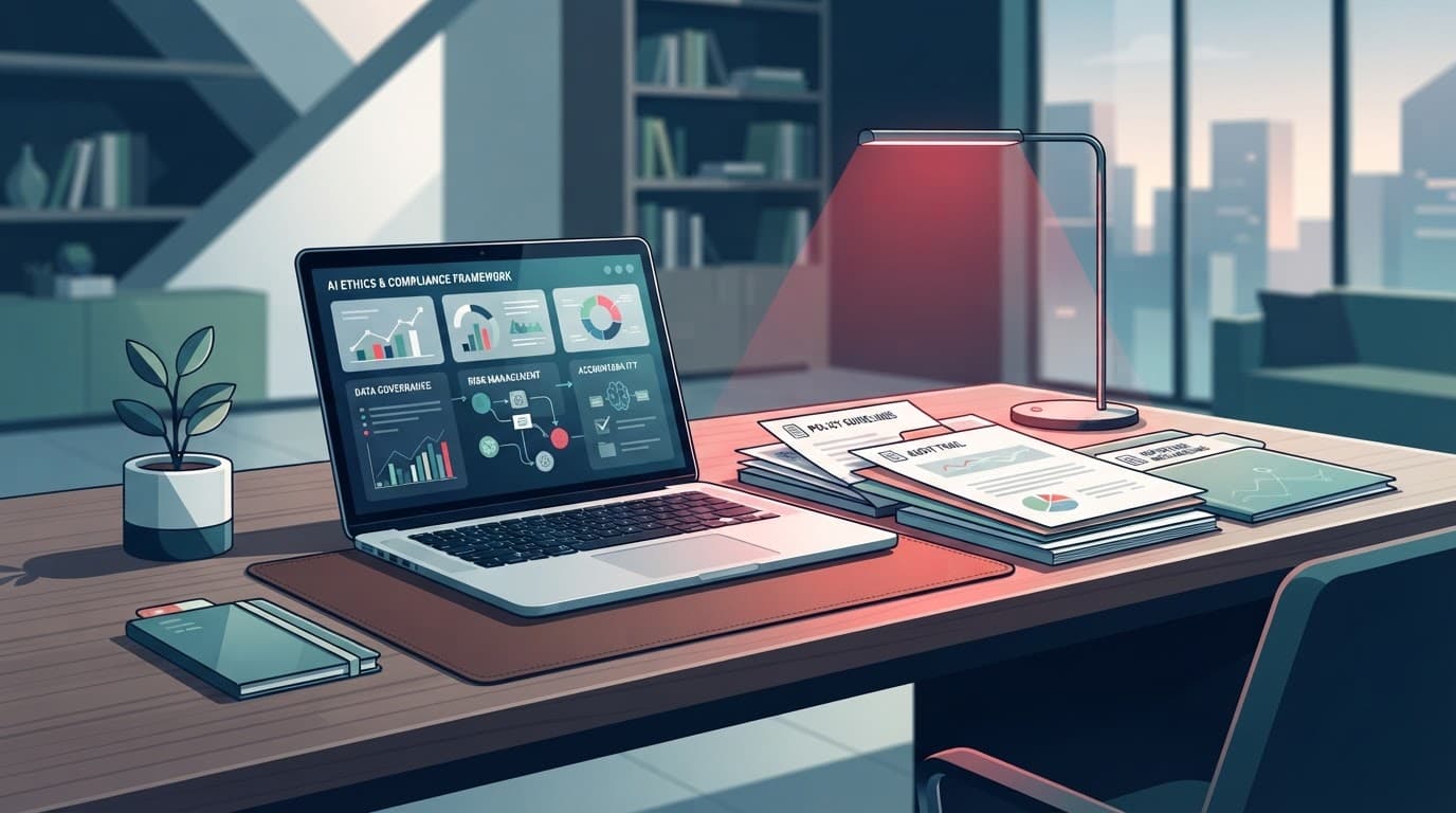 A laptop and organized documents sit on a sleek desk with a red accent light.