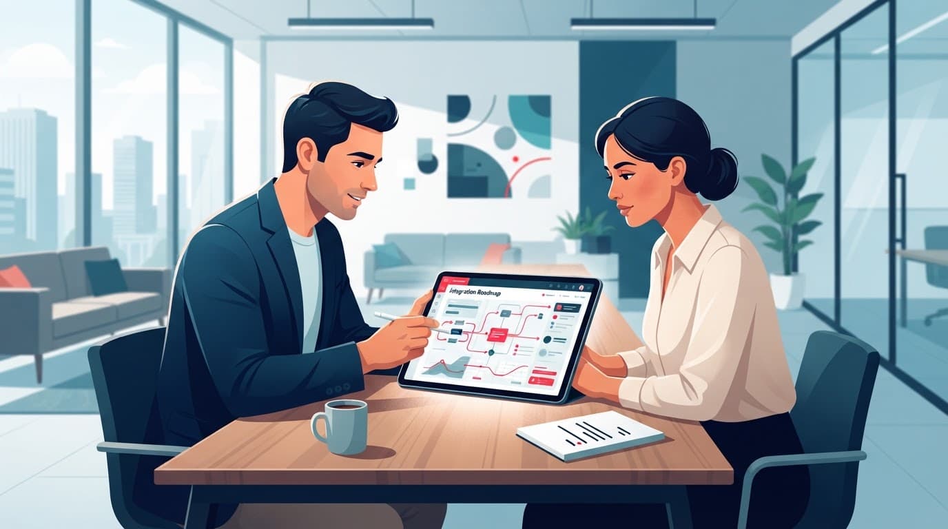 Two leaders review an integration roadmap on a tablet in a modern office.