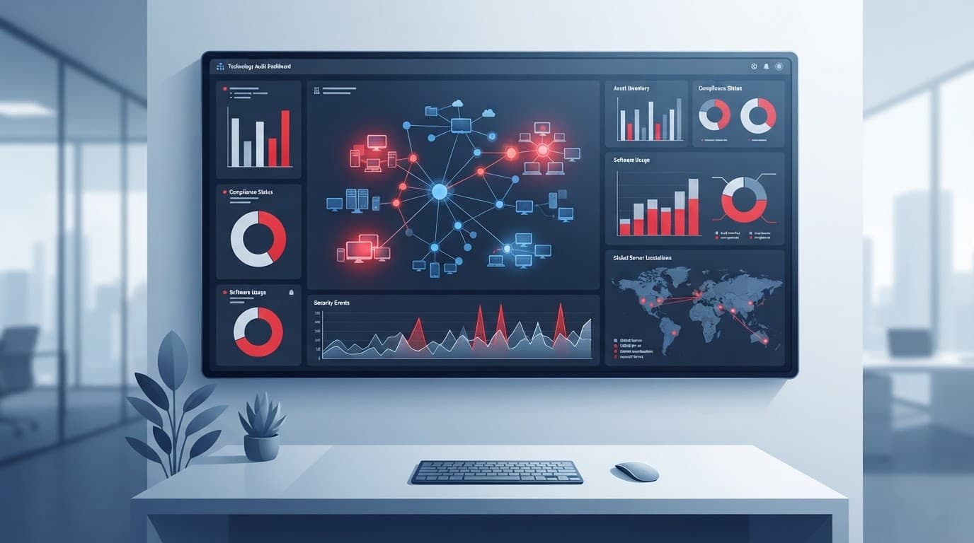 A technology dashboard with charts and infrastructure maps in a minimalist office setting.