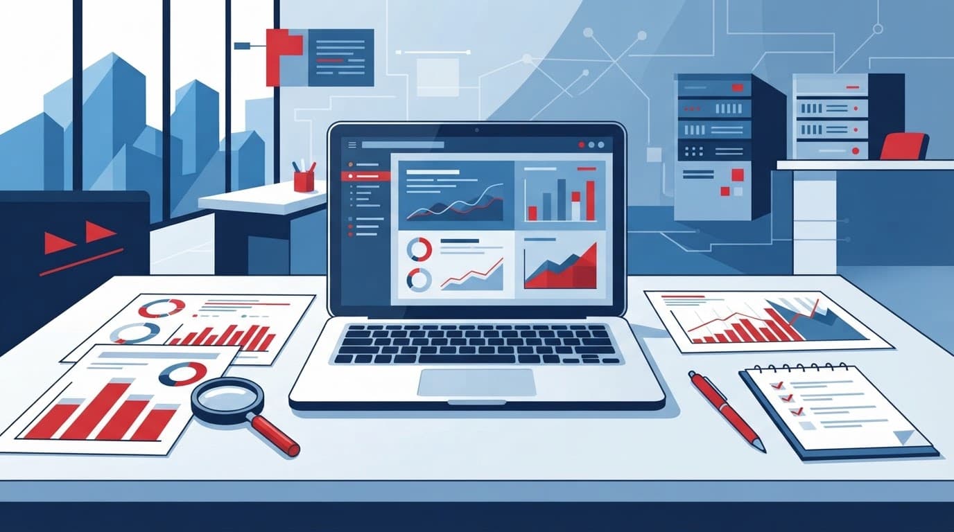 Laptop and organized charts illustrate a technology risk review on a minimalist desk.