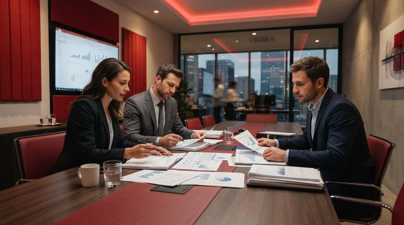 Three colleagues review risk documents around a table in a modern meeting room.
