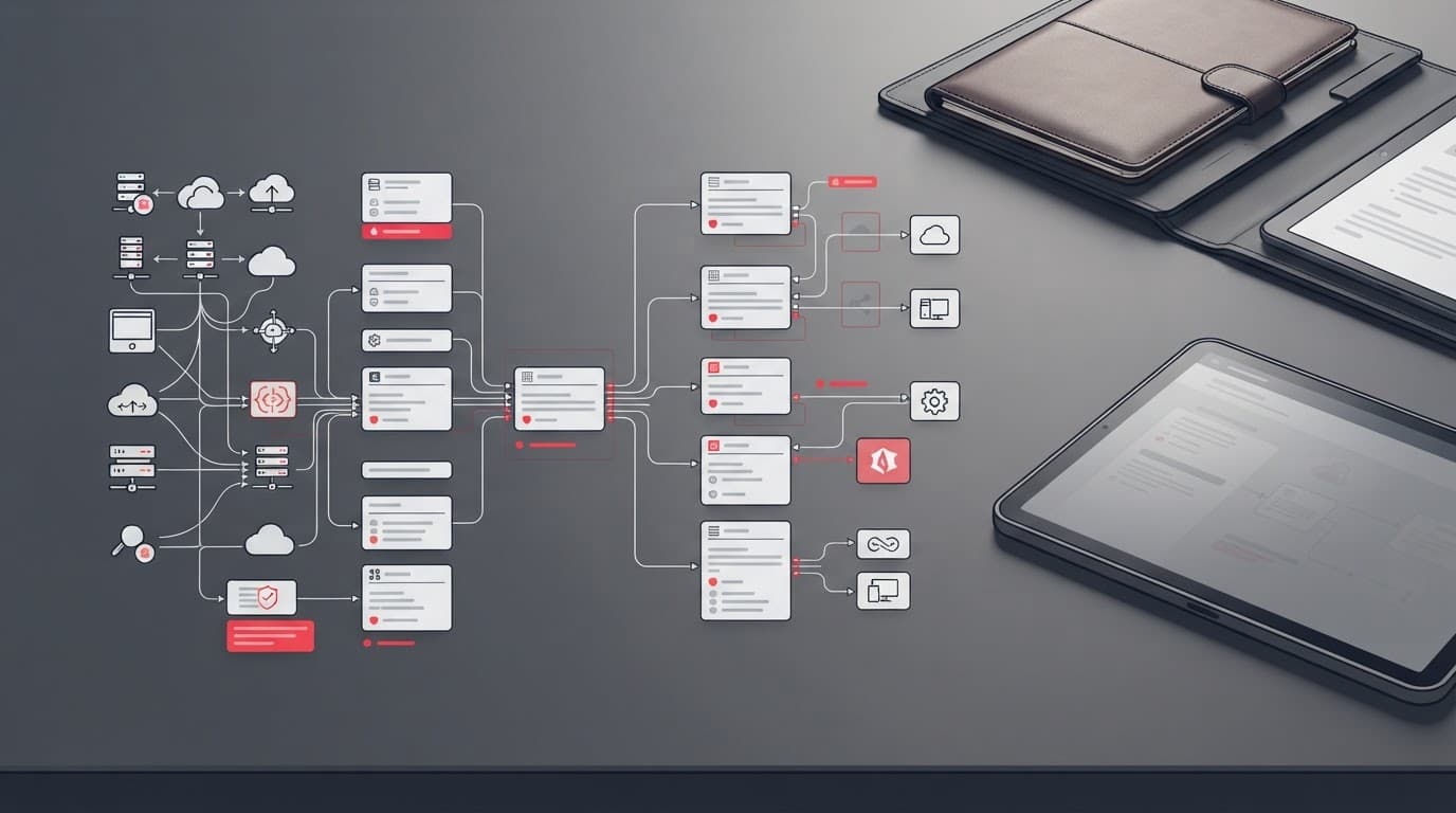 Executive desk with system cards, cloud and server icons, and red risk markers.