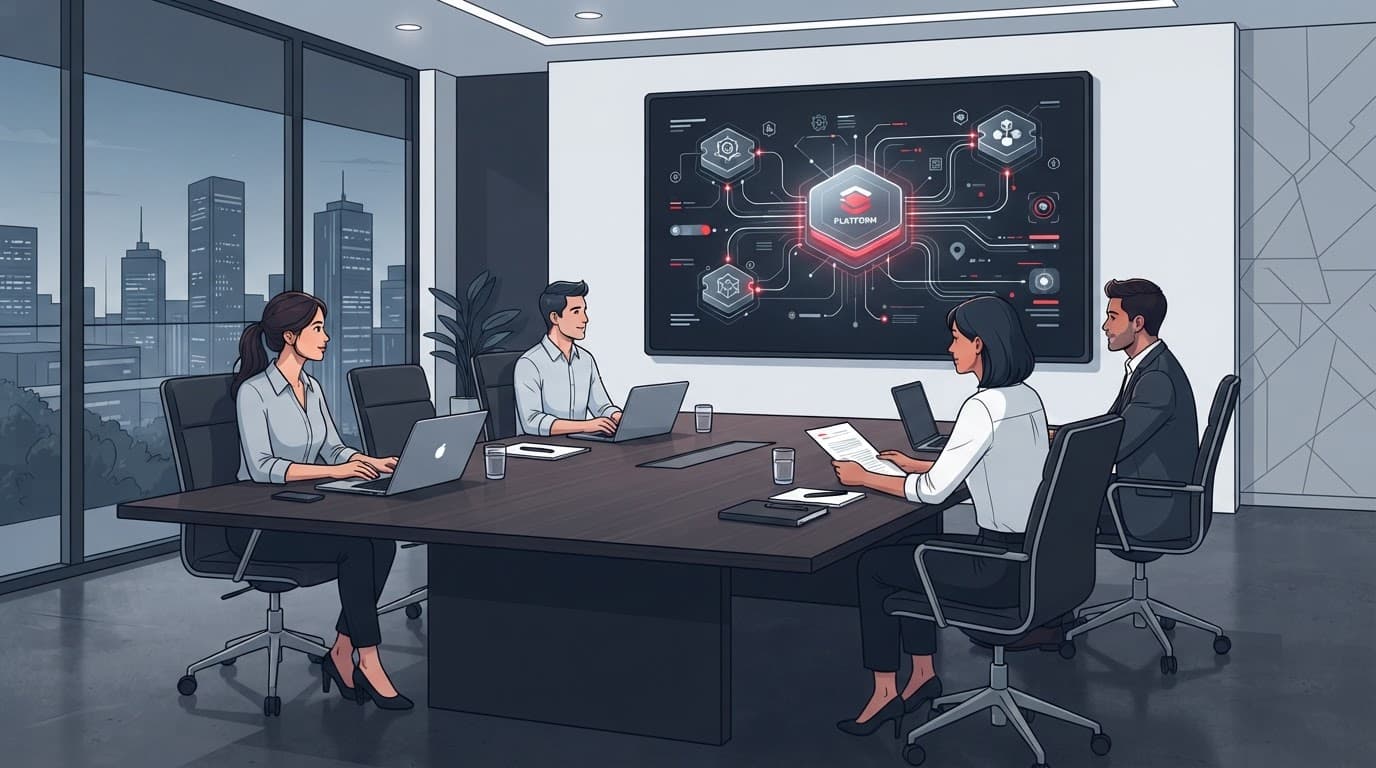 Four executives review connected platform and acquisition systems around a conference table.