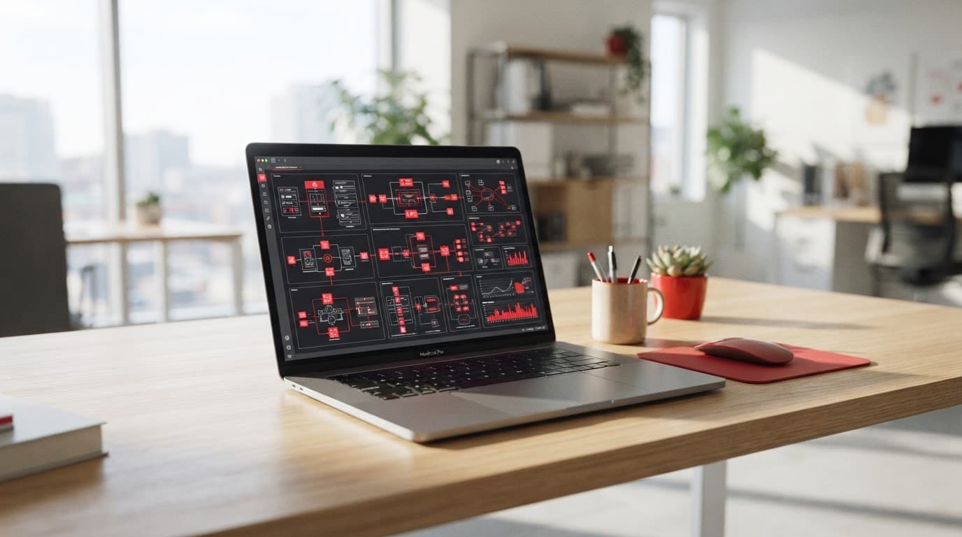 Open laptop showing architectural diagrams on a sleek desk in a sunny office.