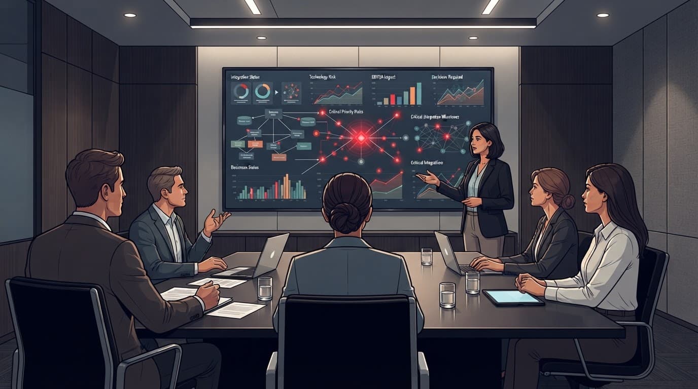 Five executives review technology risks and integration charts in a modern boardroom.