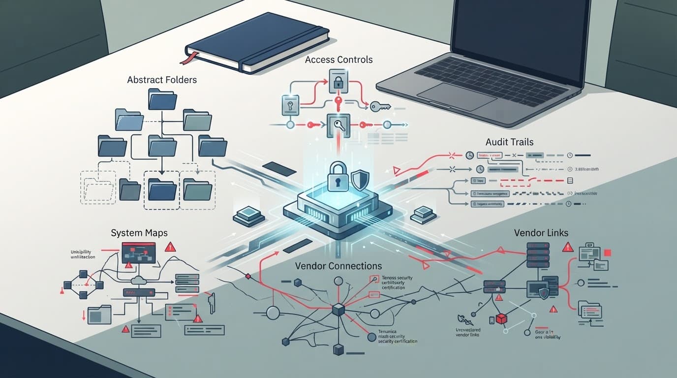 Abstract risk controls and system maps surround a secure data room on a boardroom table.