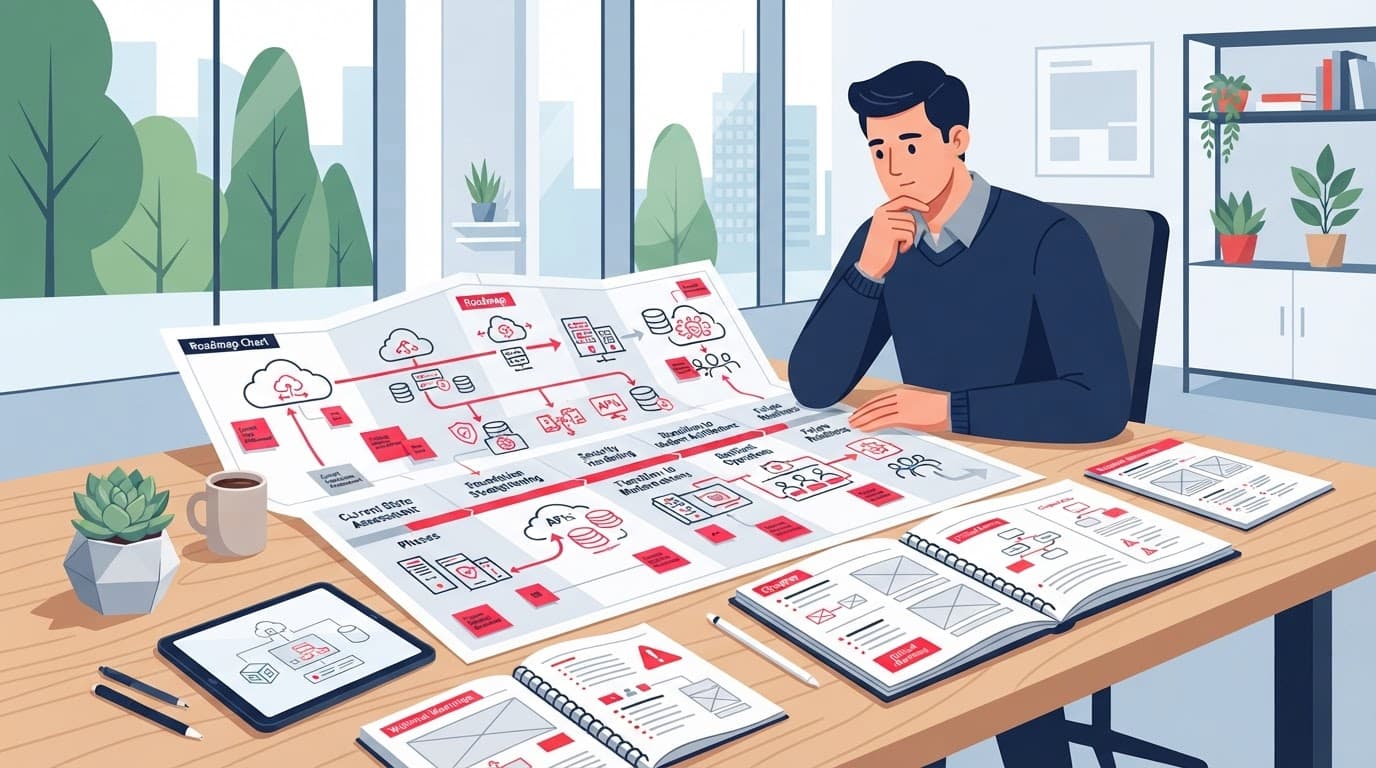 A person reviews technical notes and a roadmap chart on a wooden desk.