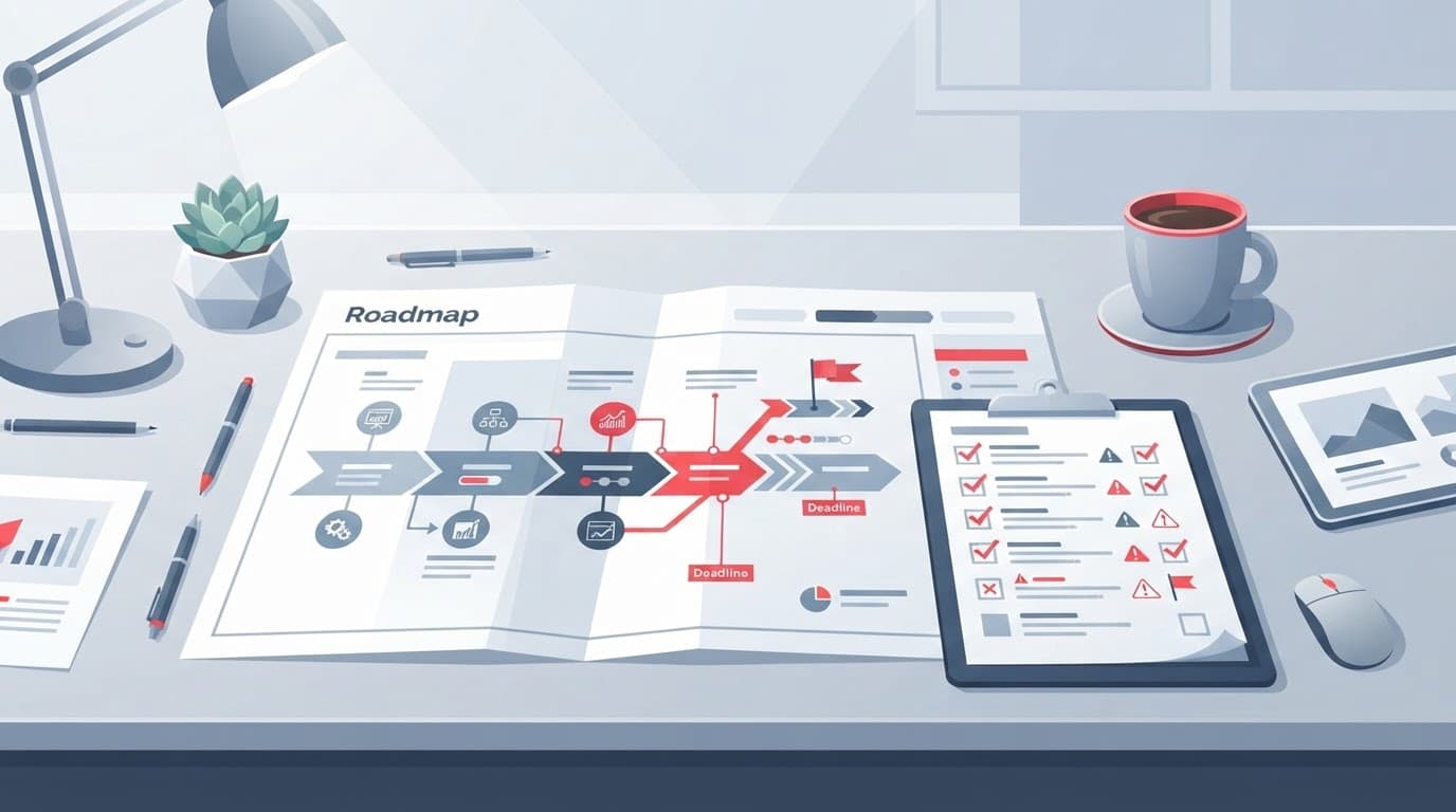 A technology roadmap and risk checklist sit beside a coffee cup on a desk.