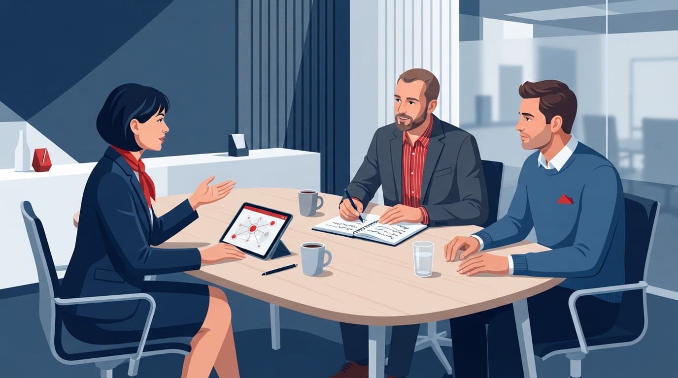 Three people collaborate around a minimalist table with a tablet and notepad.