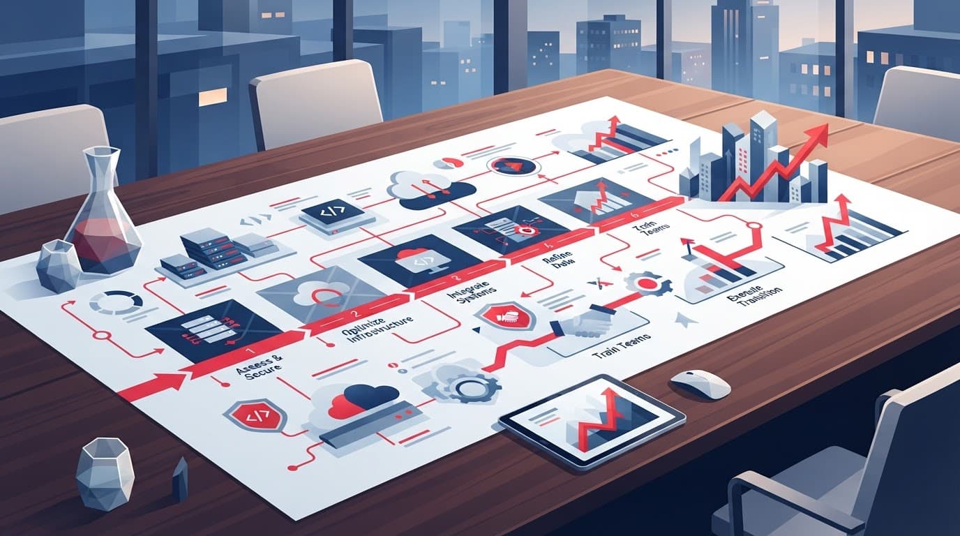 A geometric technology roadmap with red accents on a boardroom table.