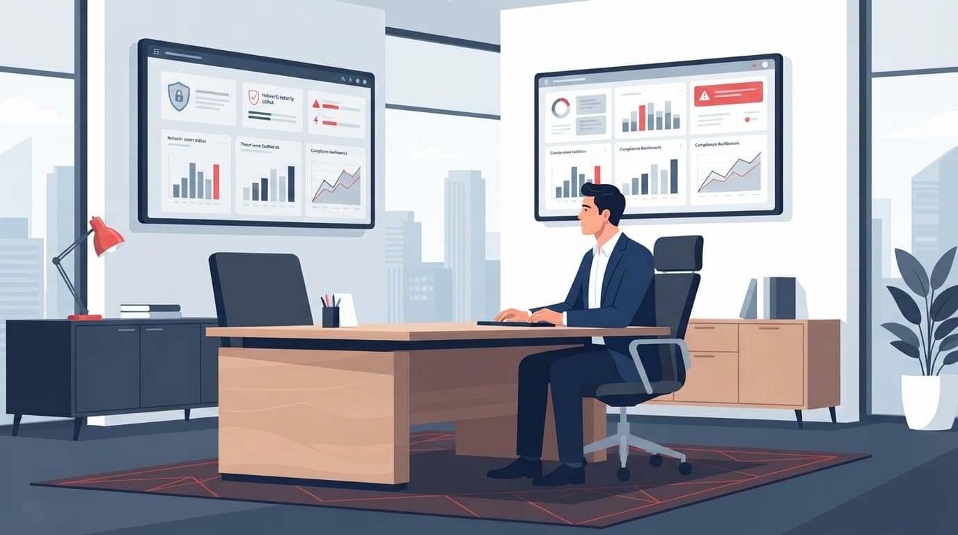 A financial professional reviews security charts on a minimalist office screen.