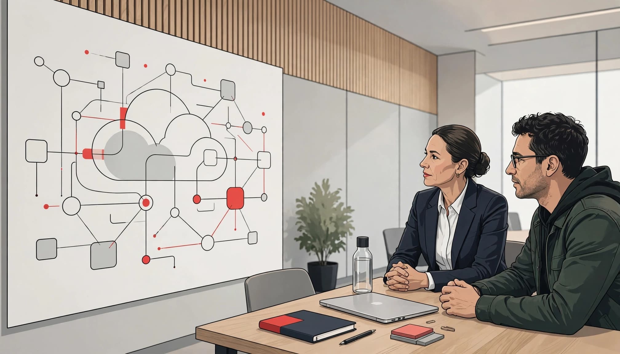 CFO and engineering leader discuss cloud spending across a boardroom table.