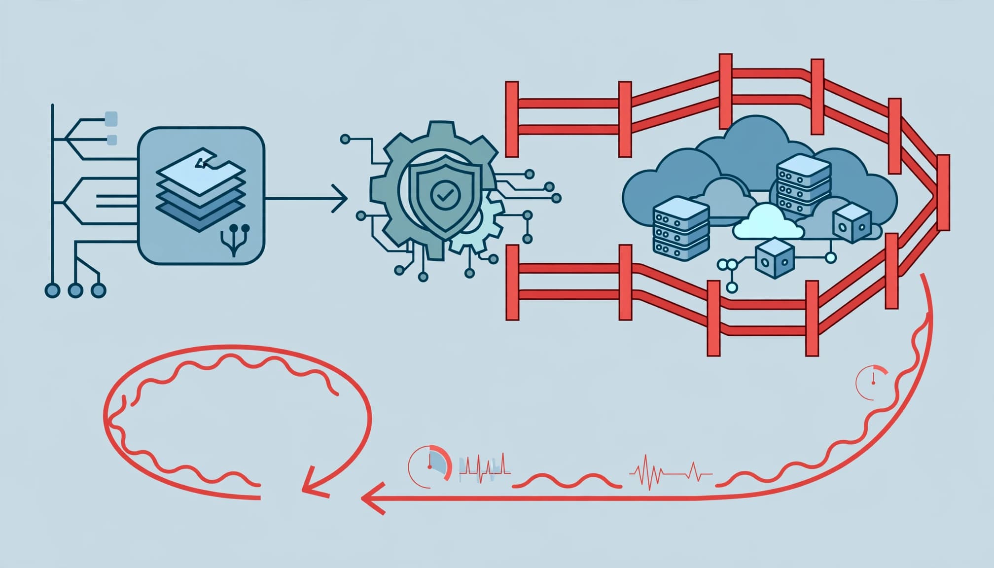 A cloud workflow passes through red guardrails before reaching connected resources.