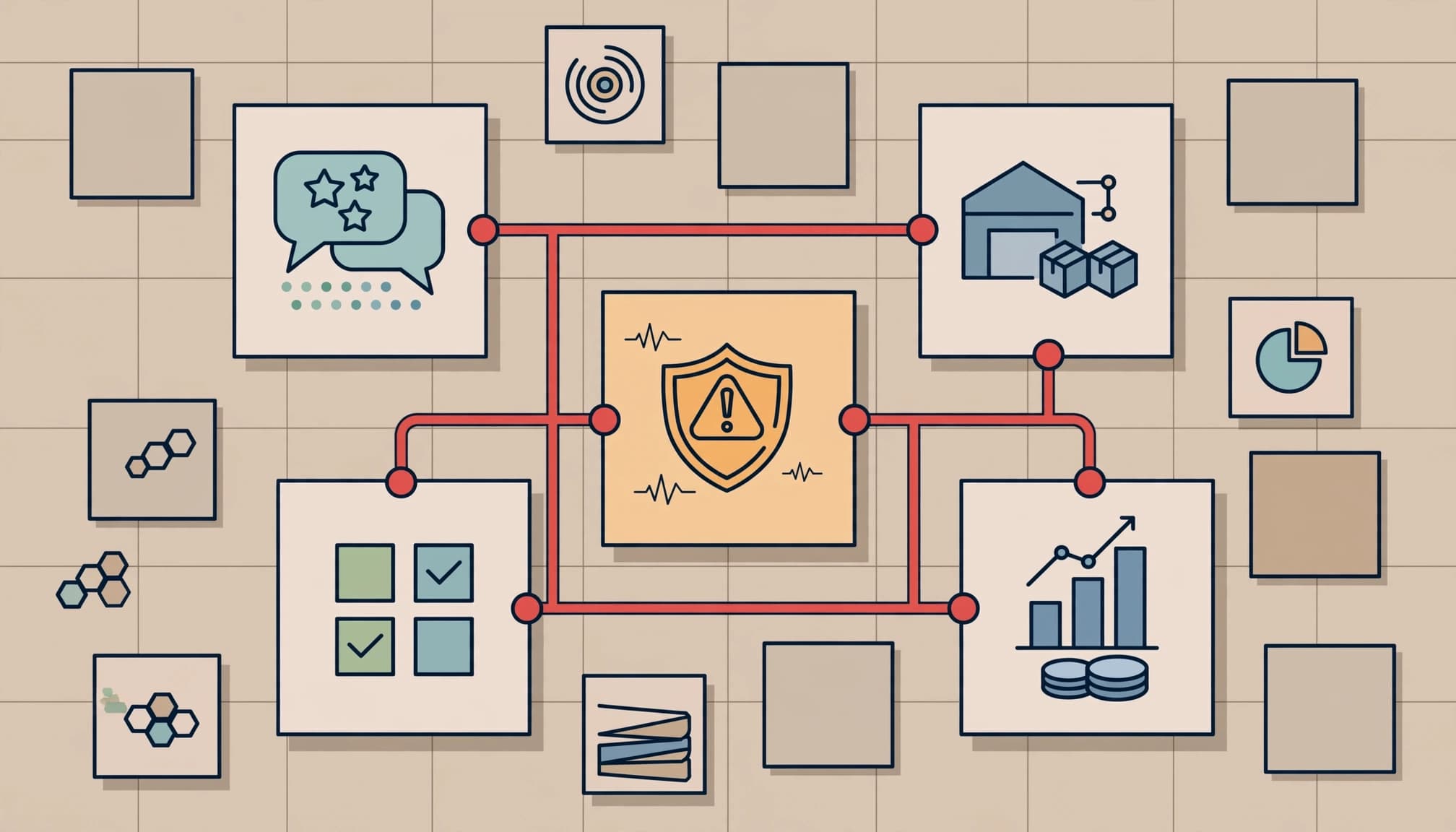 Connected business tiles show a red route linking risk, vendors, projects, and financial outcomes.