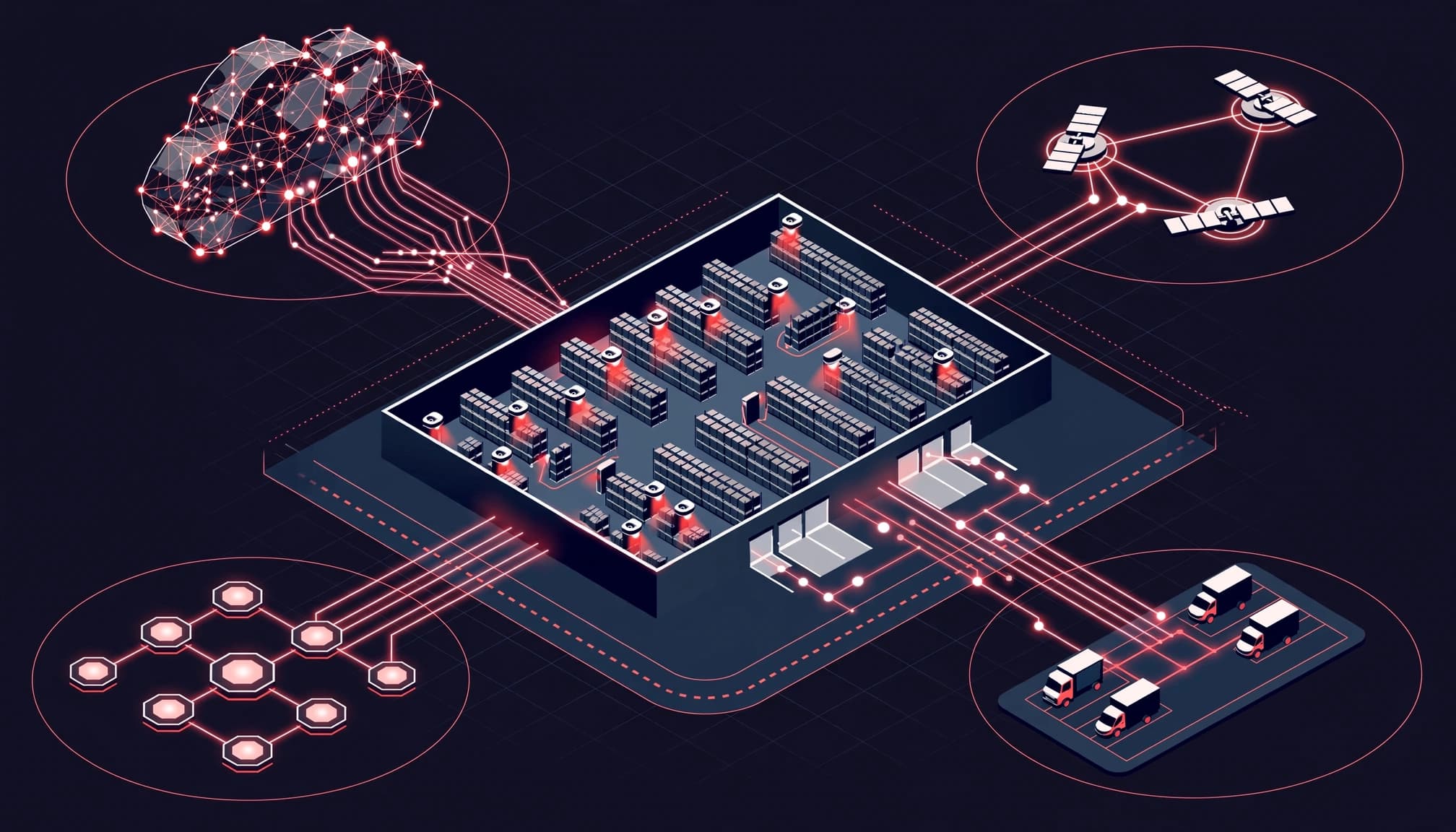 A warehouse links scanners, vehicles, cloud services, and partner networks through glowing paths.