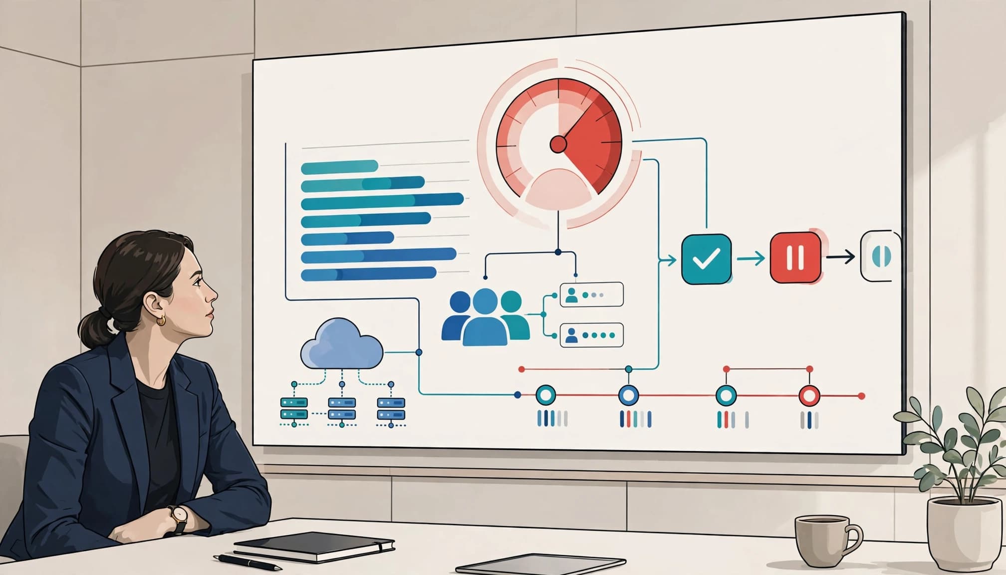 A COO reviews a technology capacity dashboard in a calm meeting room.
