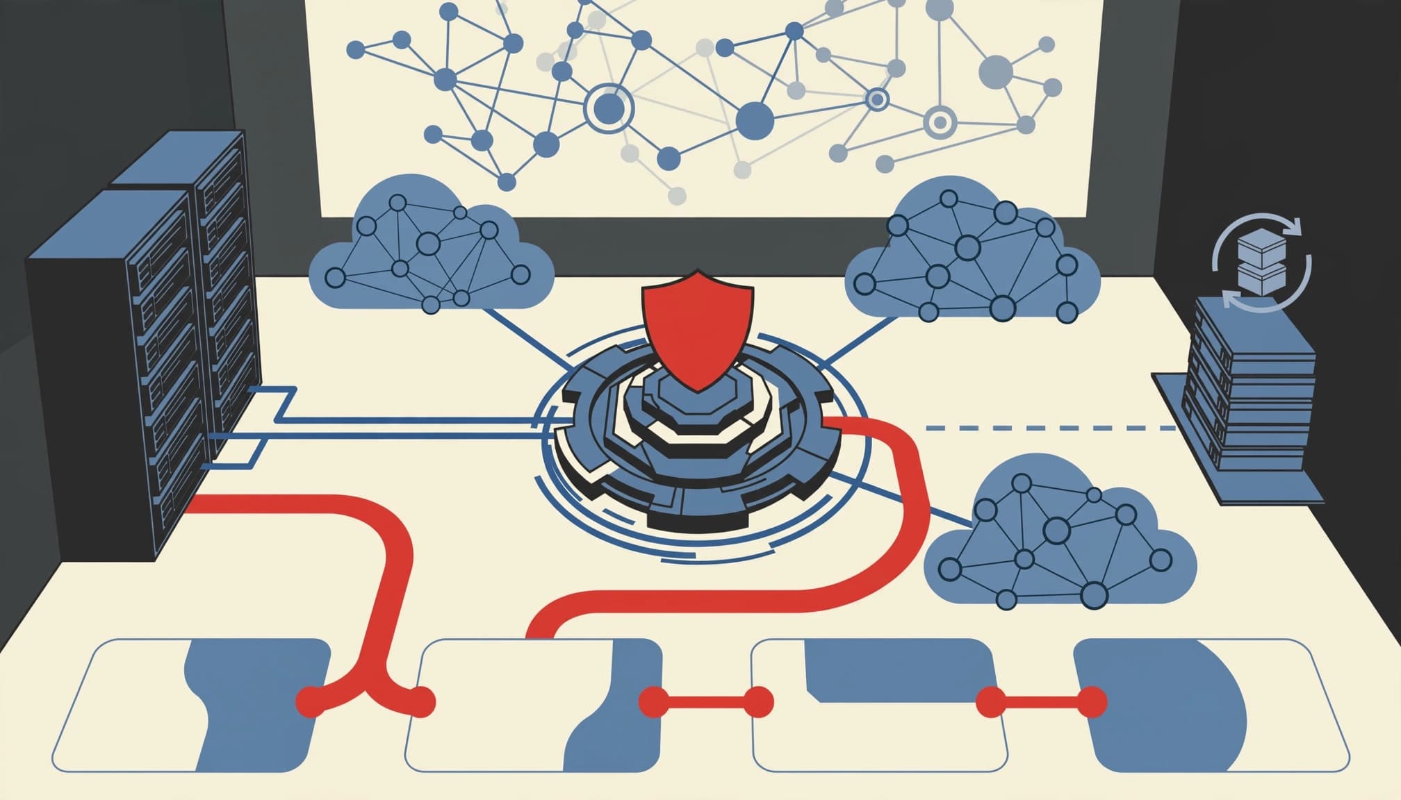Secure operations room with isolated backup storage and a red incident path.