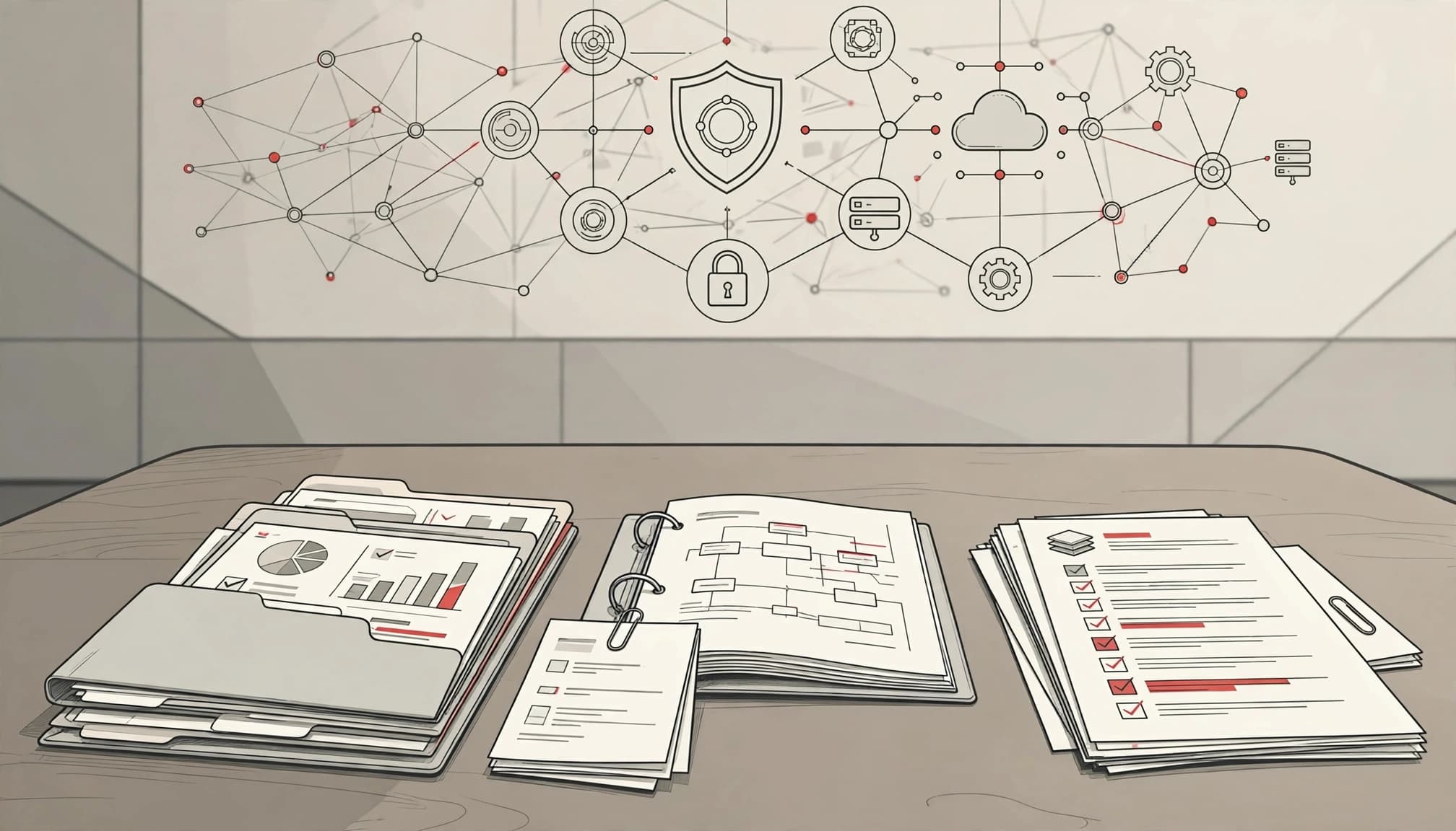 Organized cyber insurance records and security dashboards on a meeting table.