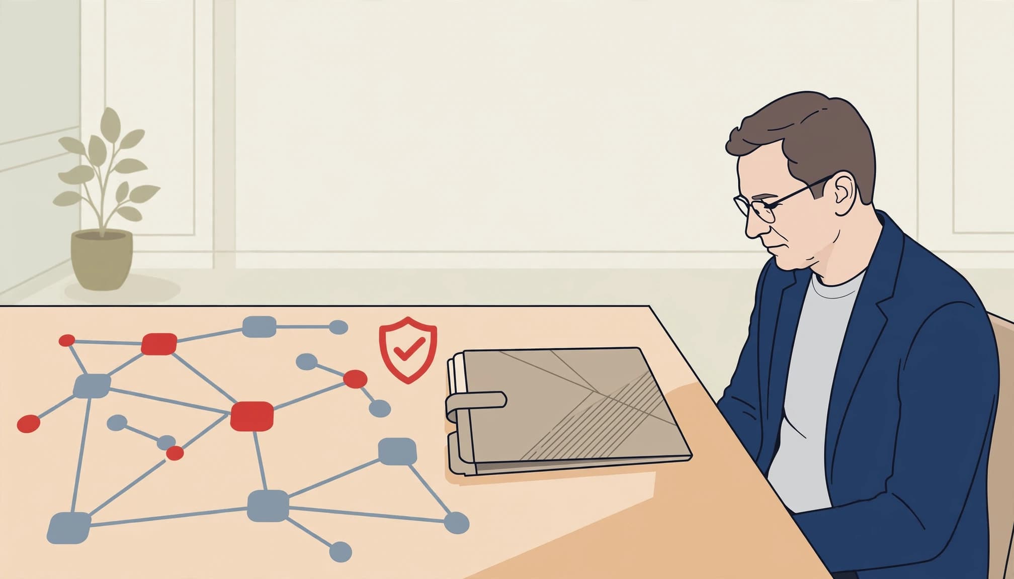 A business leader reviews a risk packet beside a shield icon and network diagram.
