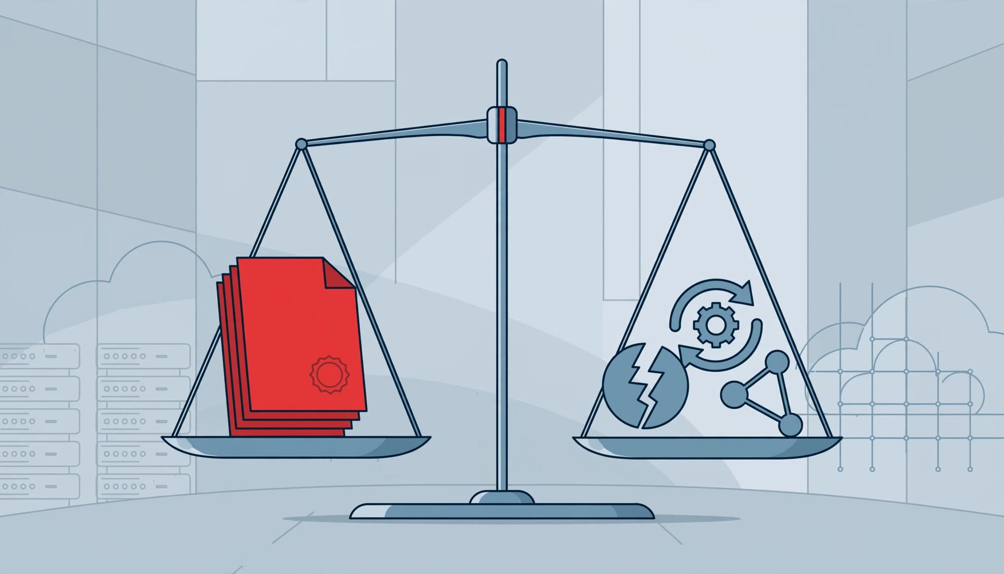 A balance scale compares cyber insurance coverage with business loss risks.