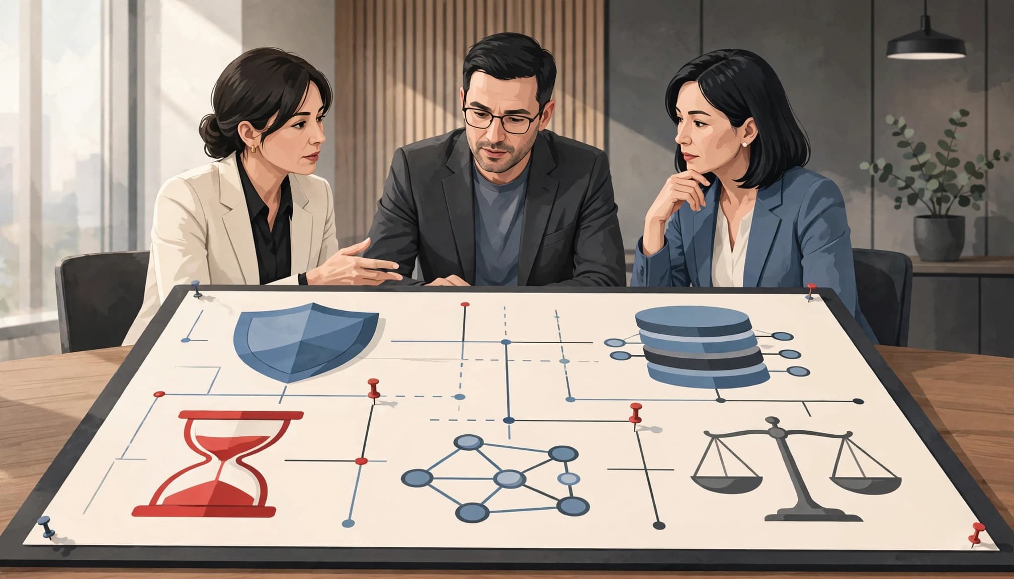 Three executives discuss a cyber risk board with shield and business liability symbols.