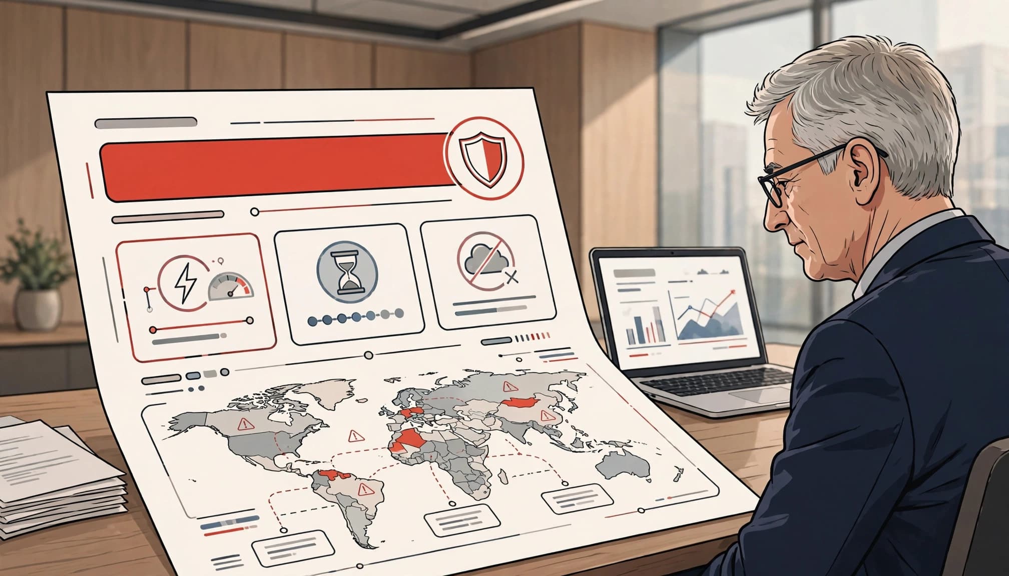 An executive reviews cyber insurance pages beside a laptop in a modern boardroom.
