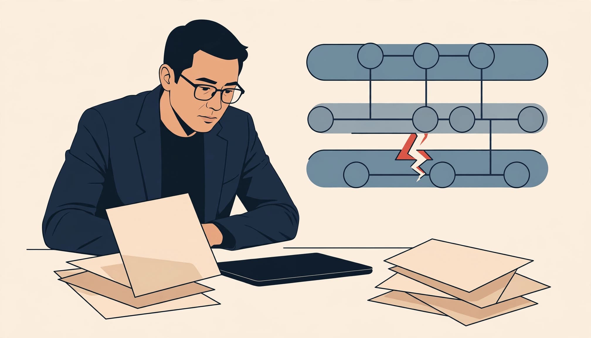 An executive studies papers beside a closed laptop, with a red gap in a network diagram.