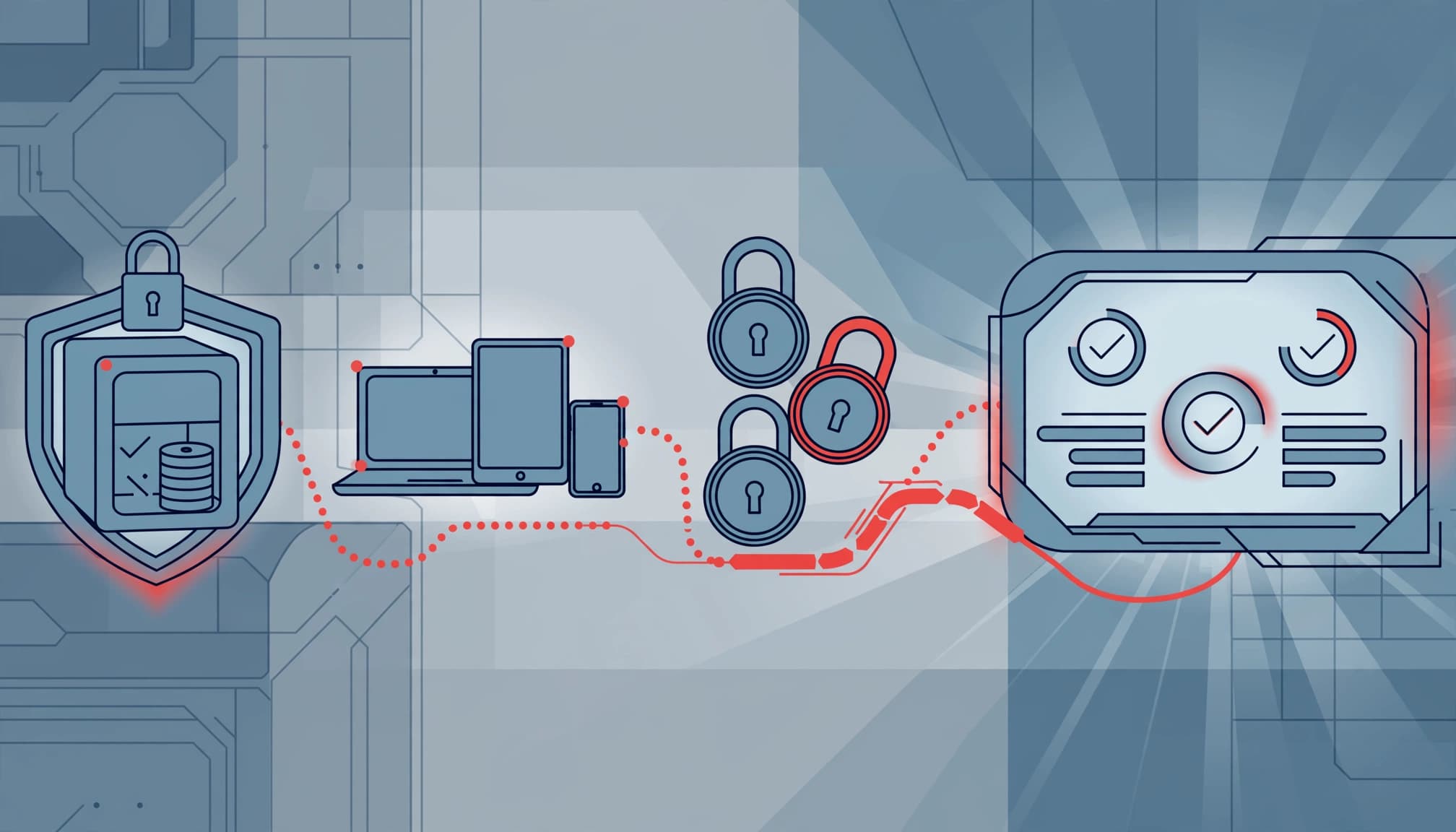 Backup storage, devices, and identity locks lead to a restored operations dashboard.