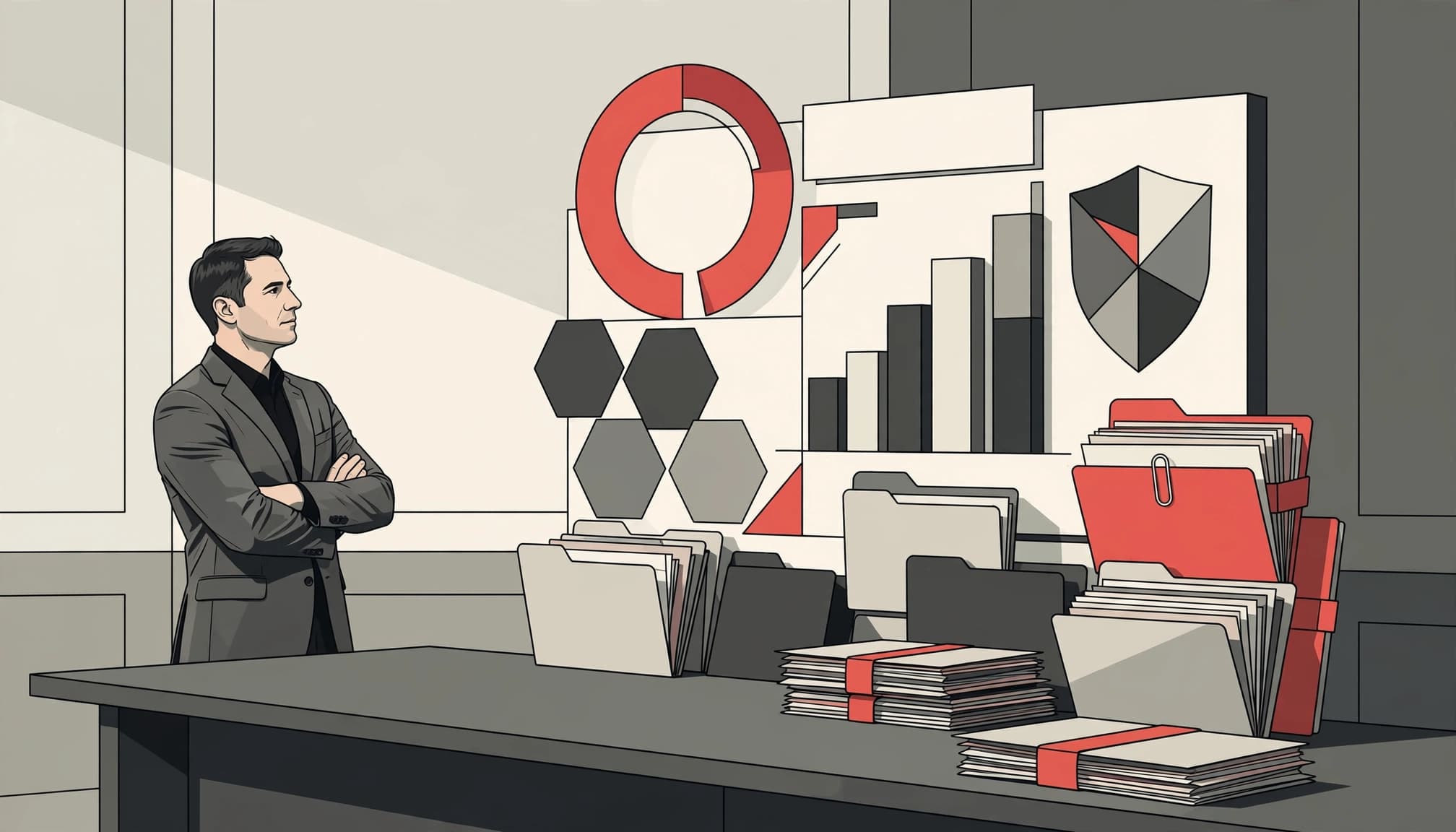 A business leader beside a geometric risk dashboard and document folders in a boardroom.