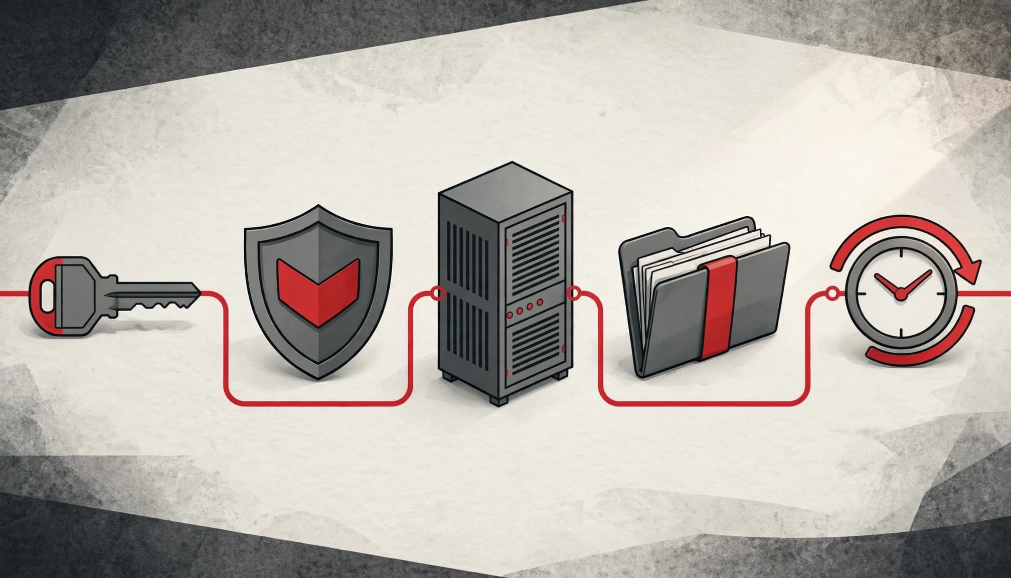 Connected shield, key, server cabinet, vendor folder, and recovery clock on a planning table.