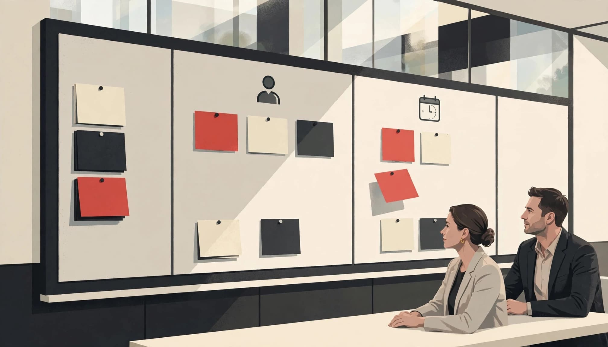 Two executives face a planning board with colored cards in owner and deadline columns.