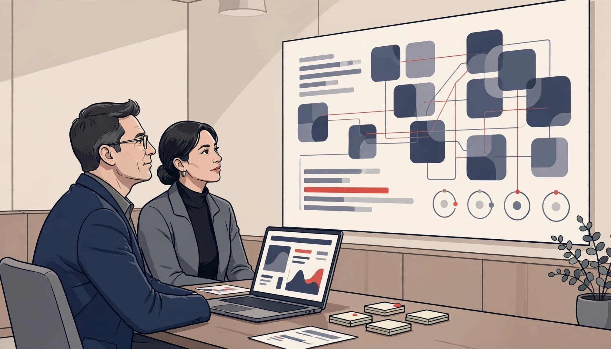 A CEO and advisor review software systems on a laptop and wall display.