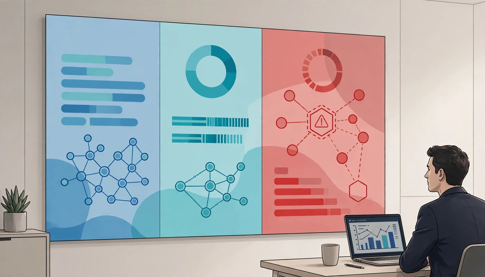 An executive reviews a capacity planning board beside a laptop in a modern operations room.