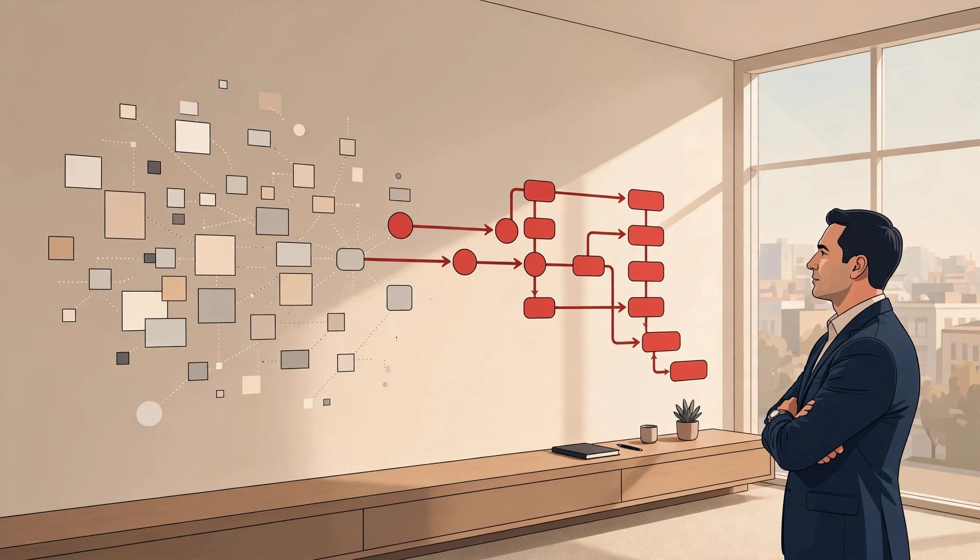 An executive reviews a wall diagram showing scattered blocks becoming an organized decision path.