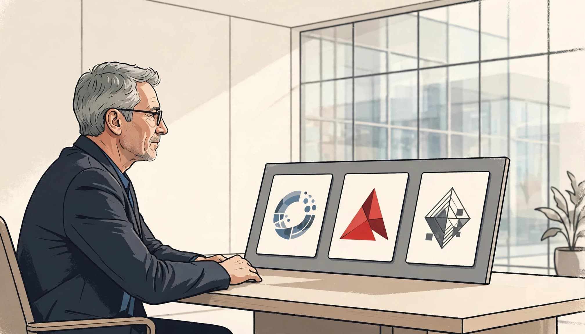 A seated executive reviews three abstract governance cards on a boardroom table.