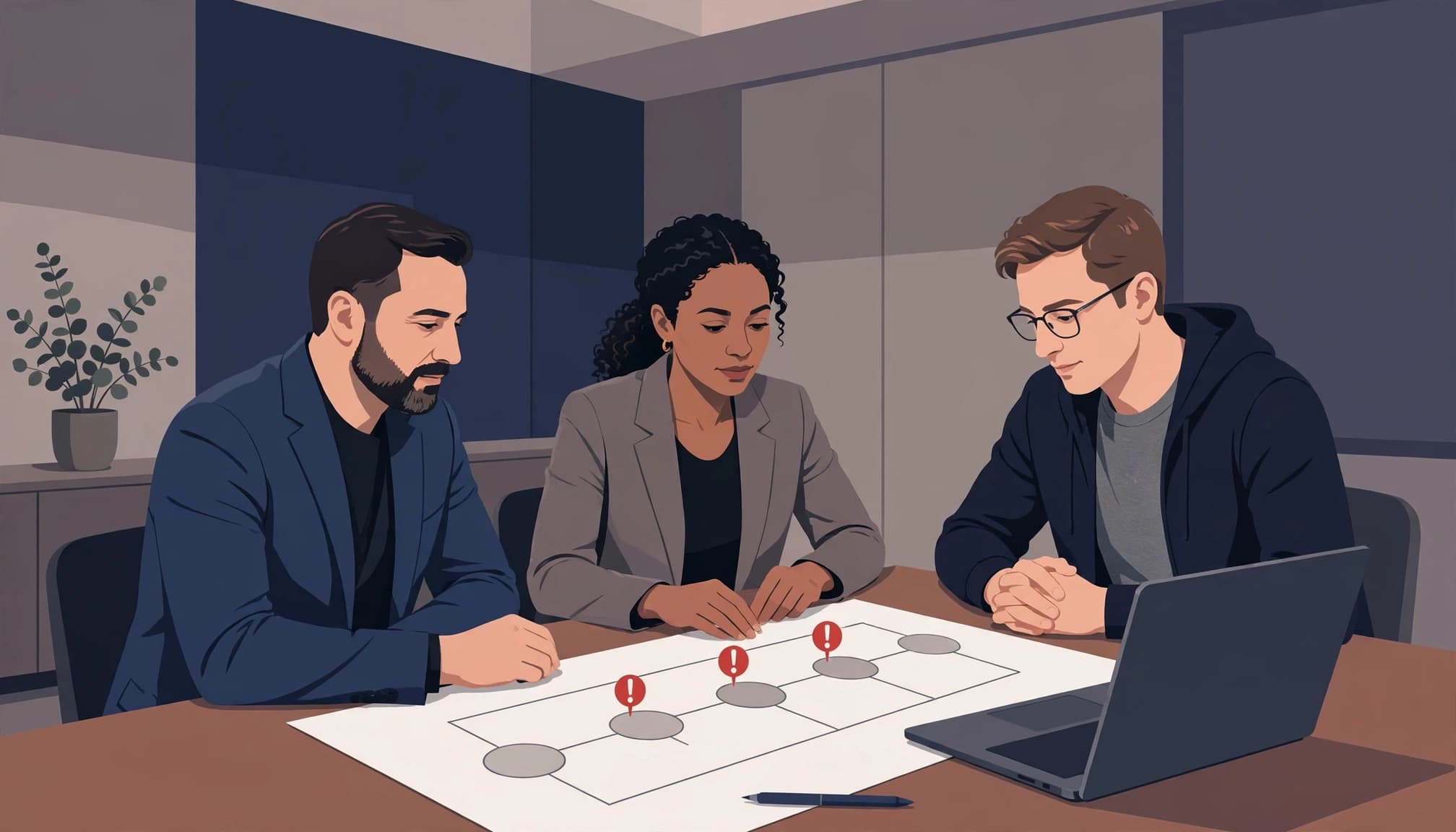 Three leaders review an incident timeline beside connected escalation markers.
