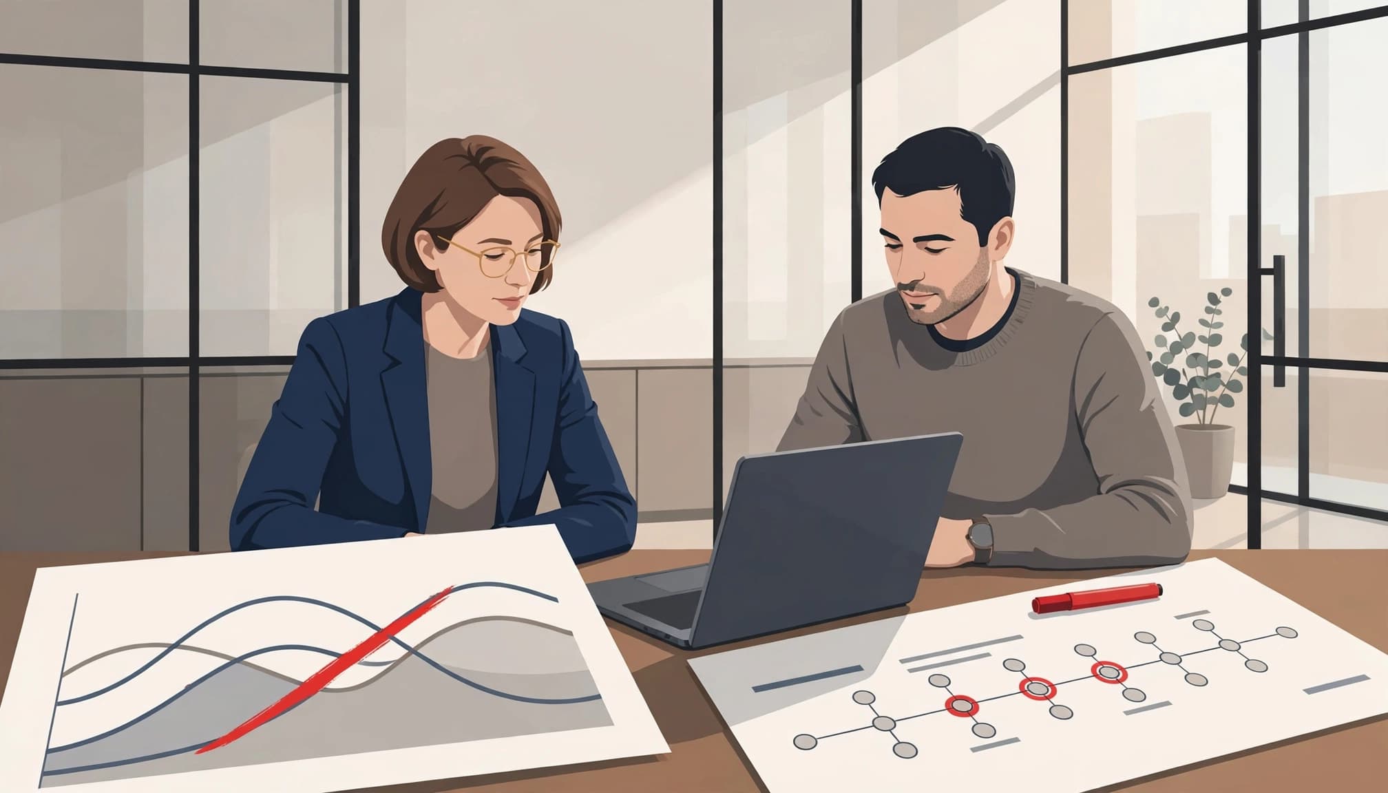Two executives review forecast charts and a delivery timeline in a modern meeting room.