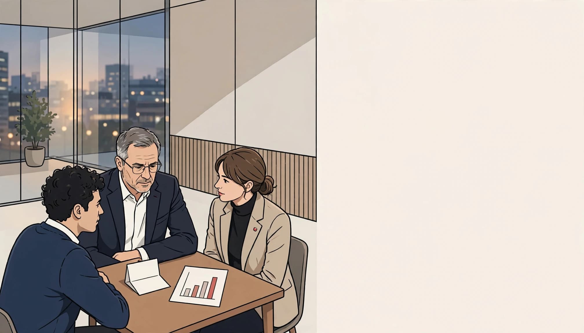 Three colleagues discuss a memo and chart around a small table.