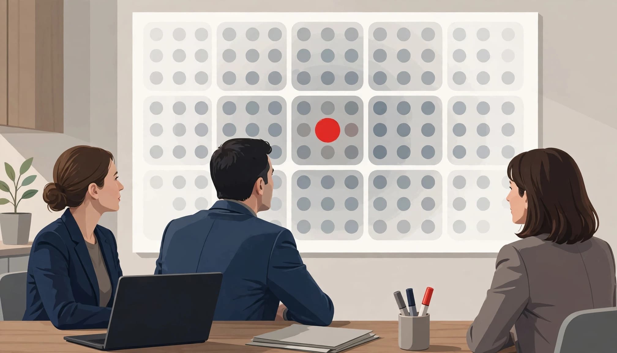 Three executives review a risk matrix with one prominent red priority marker.