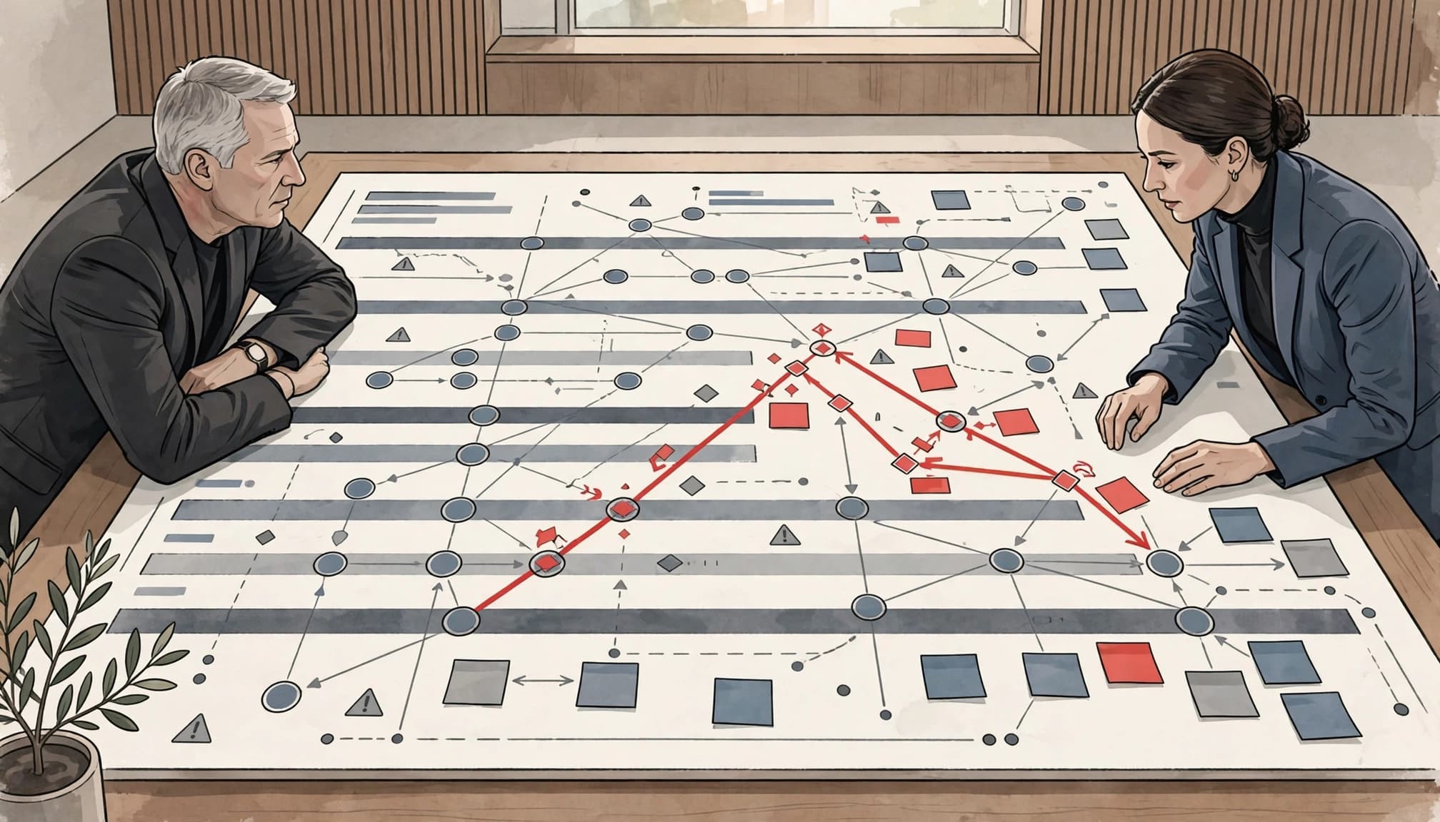 Two executives review connected roadmap milestones and a red contingency route on a planning board.