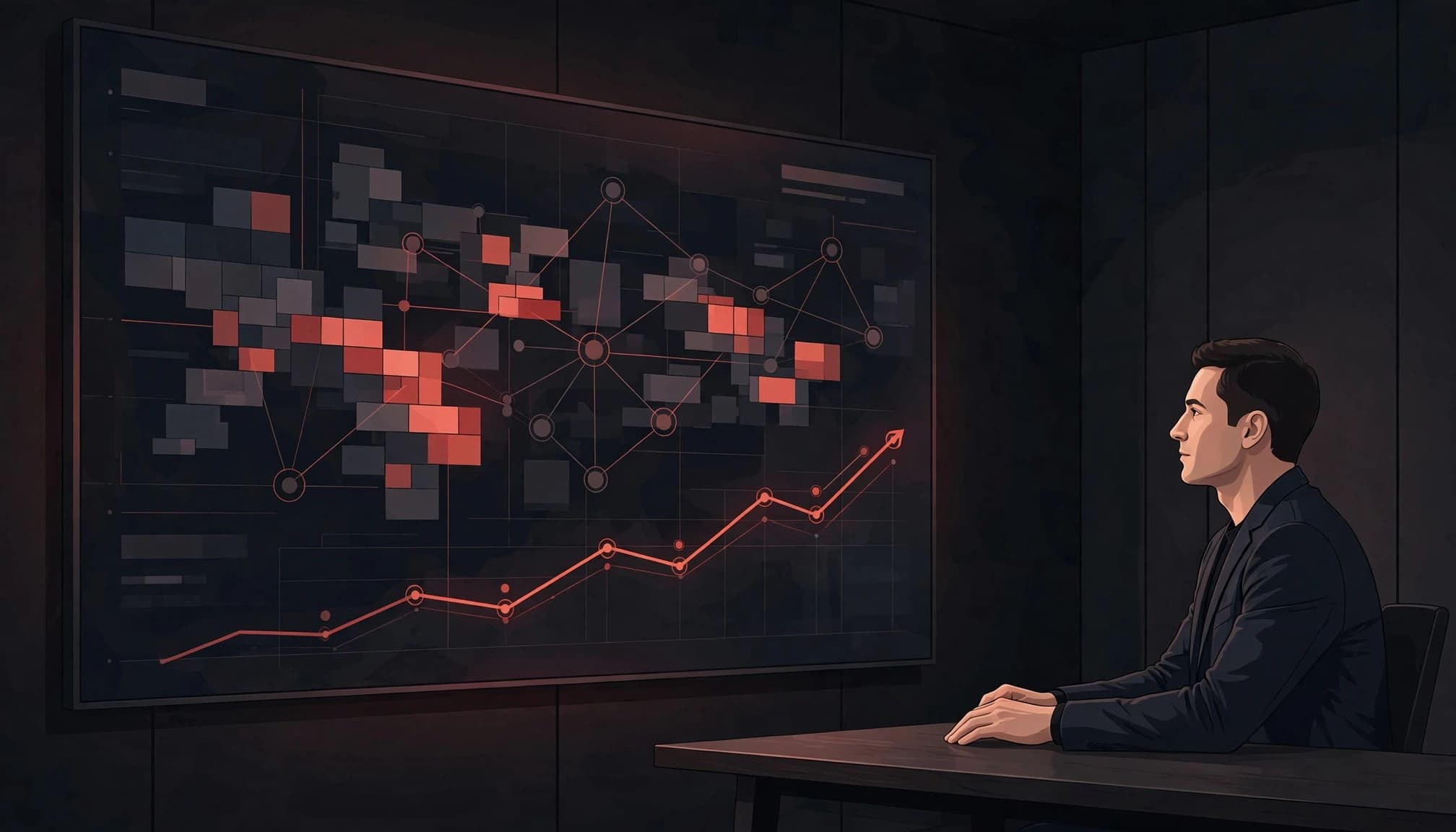 An executive reviews a security risk display in a modern boardroom.