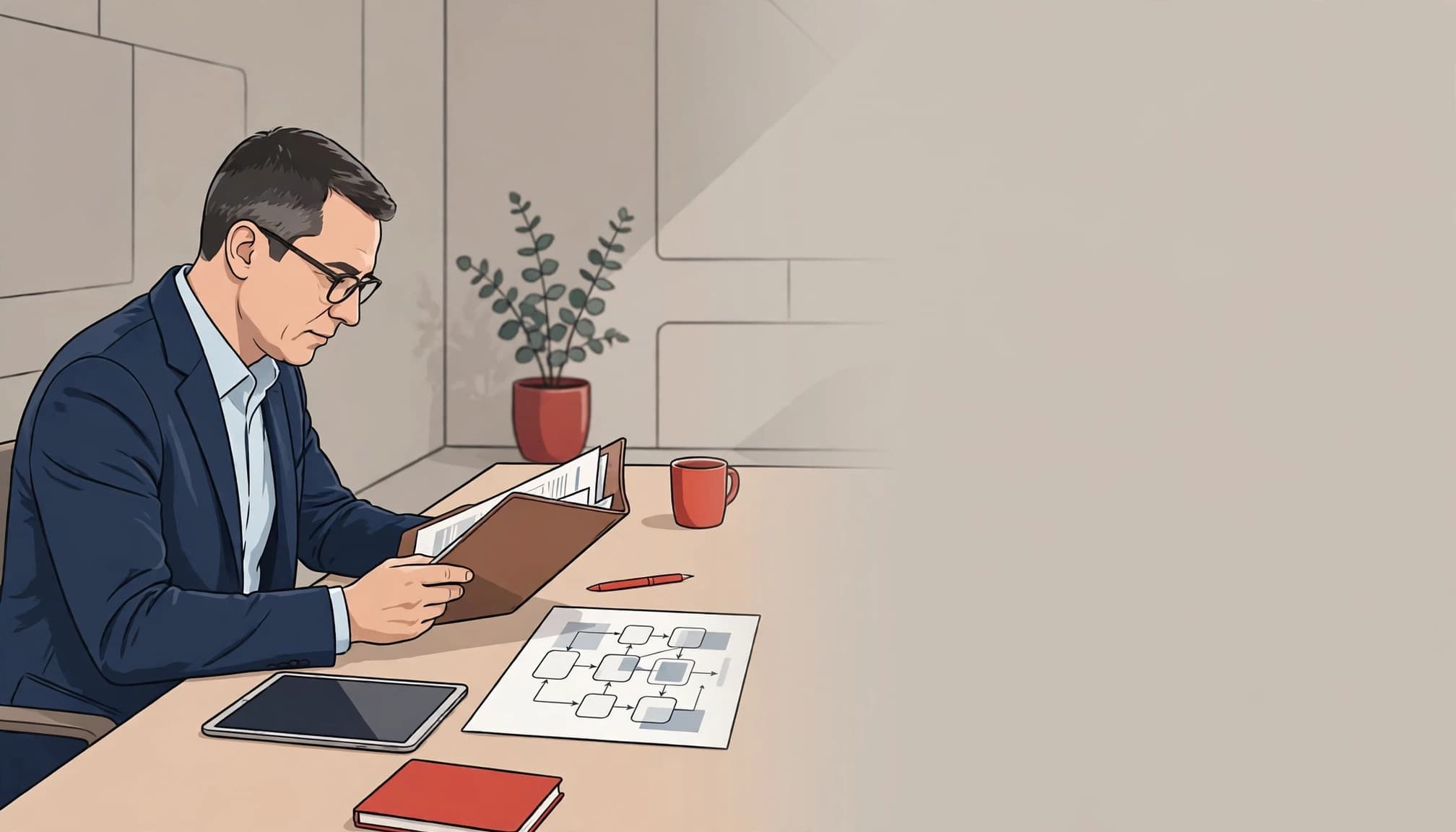 One executive reviews a folder and tablet beside a software diagram in a modern boardroom.