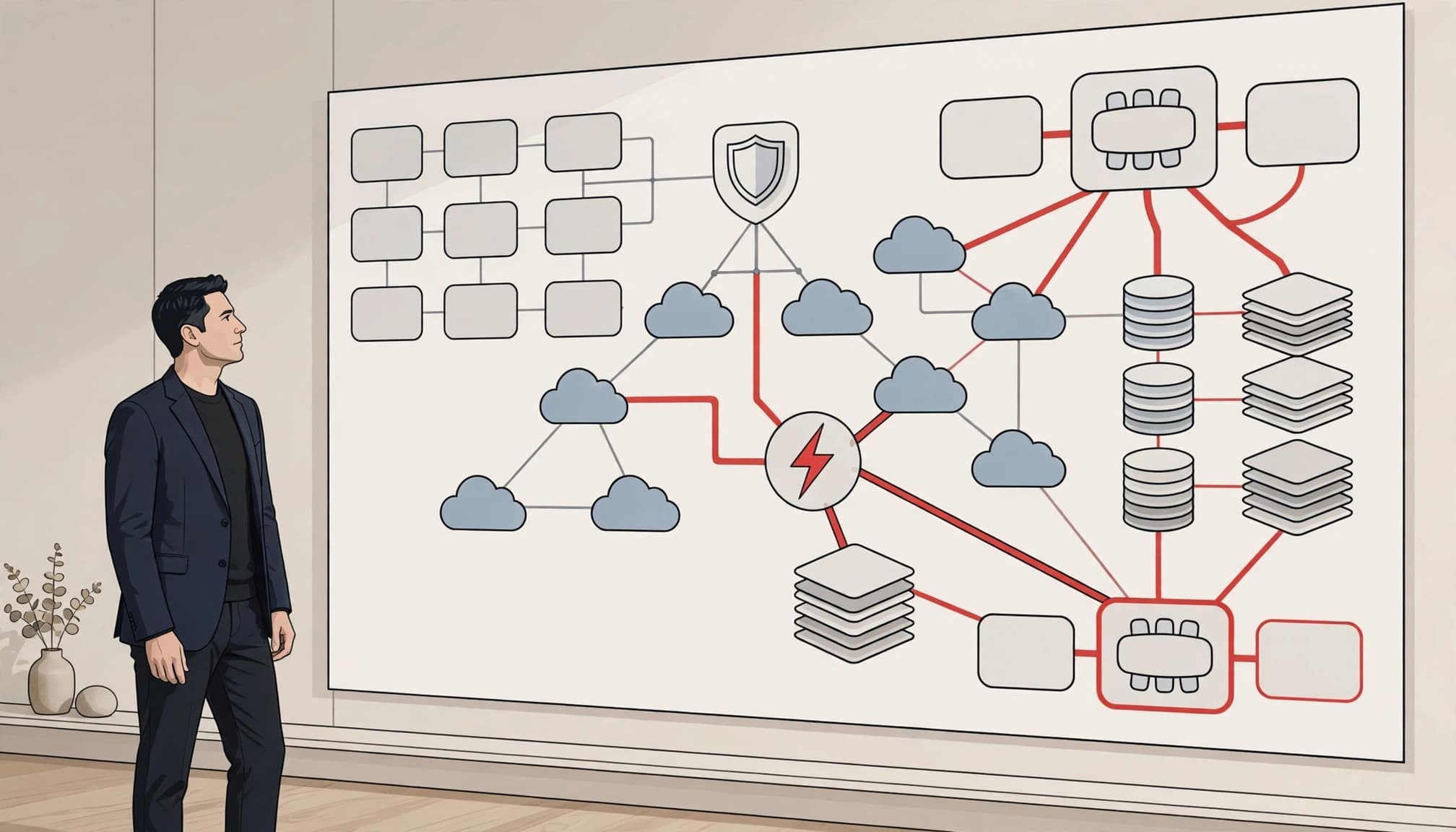 An executive reviews a wall map connecting systems, vendors, backups, and response plans.
