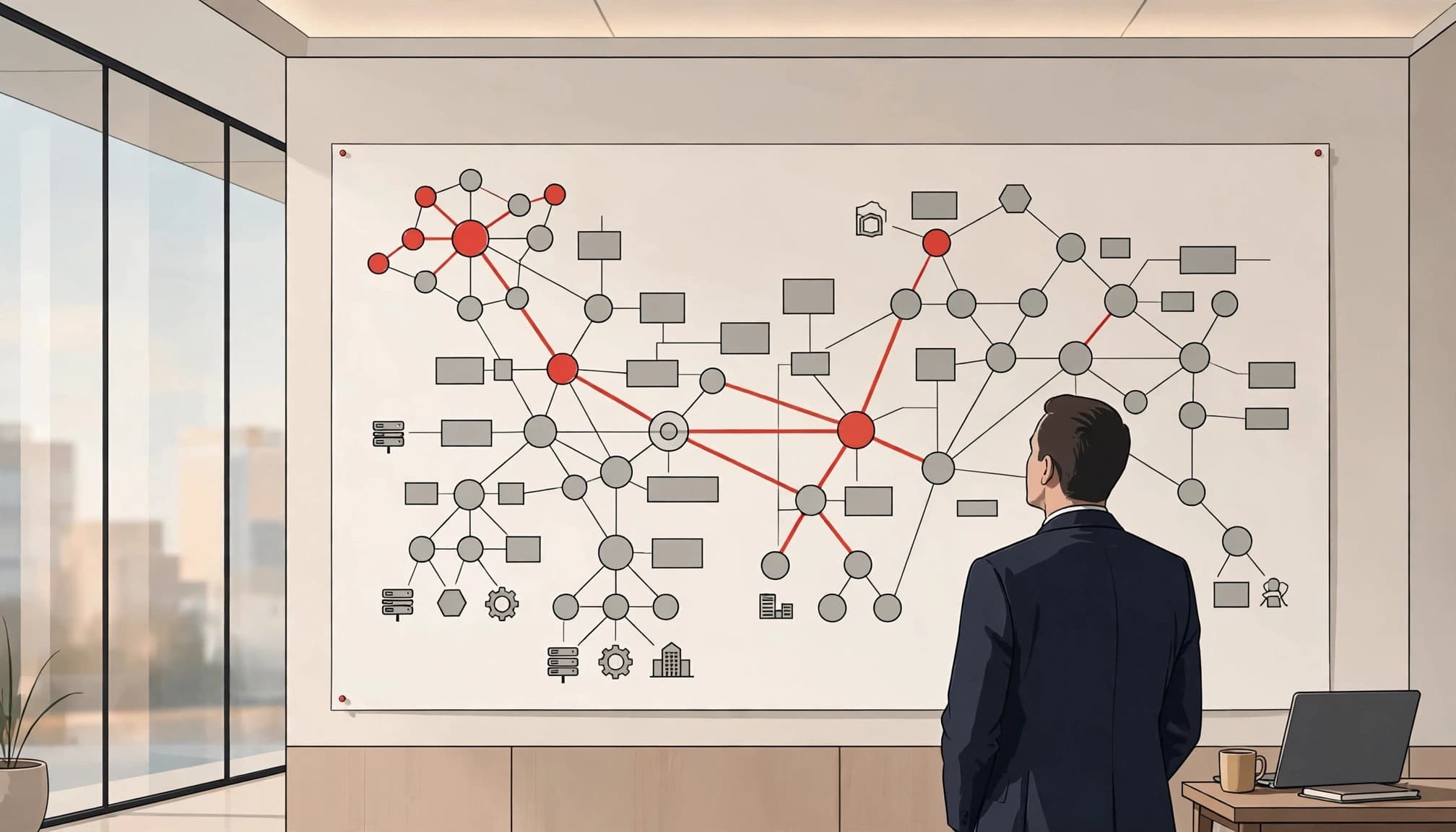 An executive reviews connected technology plans on a boardroom wall beside a closed laptop.