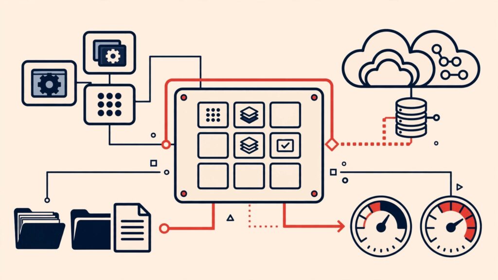 A central board links software tiles, cloud folders, contracts, and cost gauges with red priority accents.