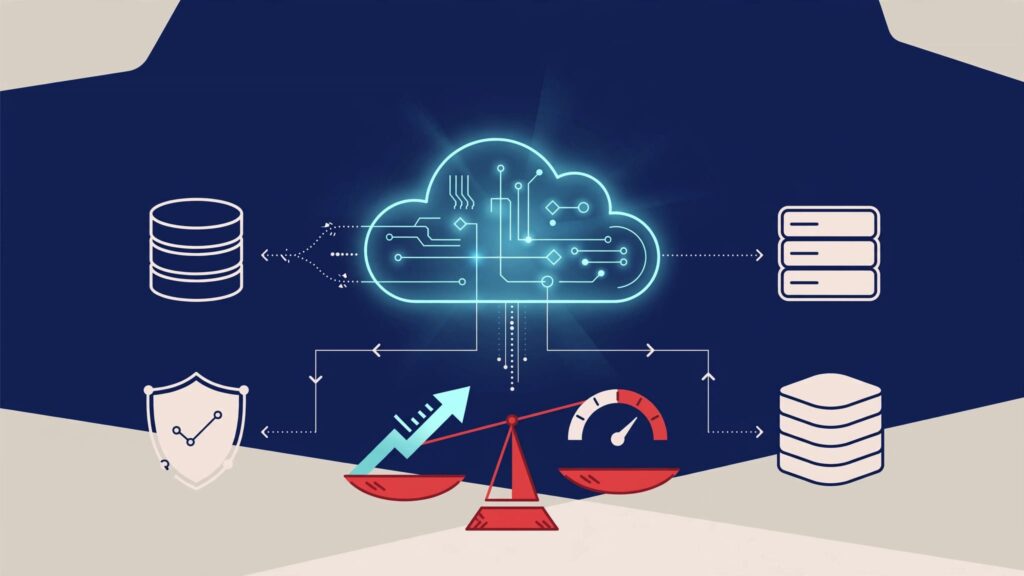 A glowing cloud core connects organized nodes beside a growth arrow and spending gauge.