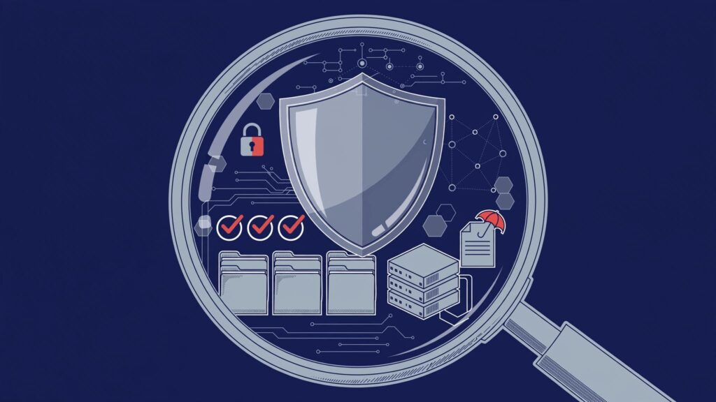 Glass shield protecting audit folders, servers, checkmarks, and an insurance document.