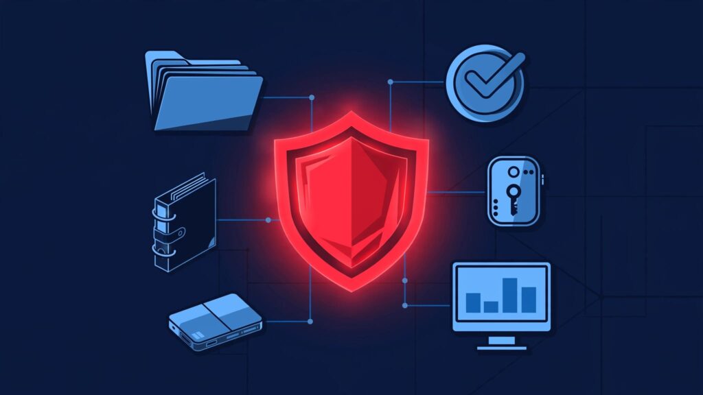 A red shield surrounded by cybersecurity tools and organized evidence folders.
