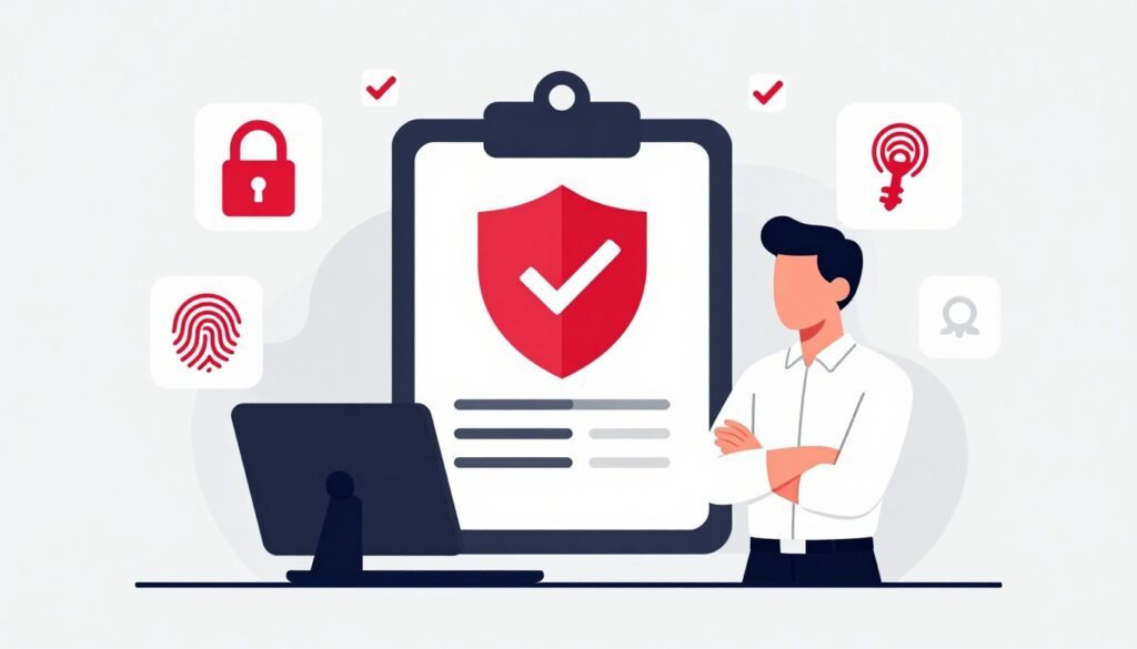 A professional reviews a cybersecurity checklist beside a laptop and security icons.
