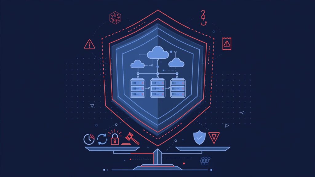 A cyber insurance shield protects servers and cloud connections beside a risk balance scale.